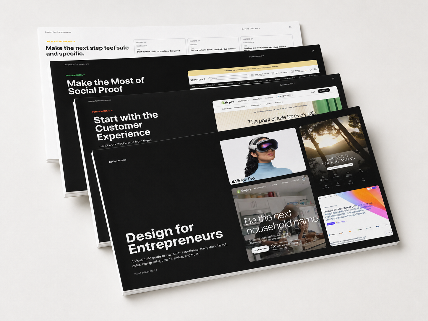 Selected pages from the Design for Entrepreneurs field guide fanned into a premium printed presentation