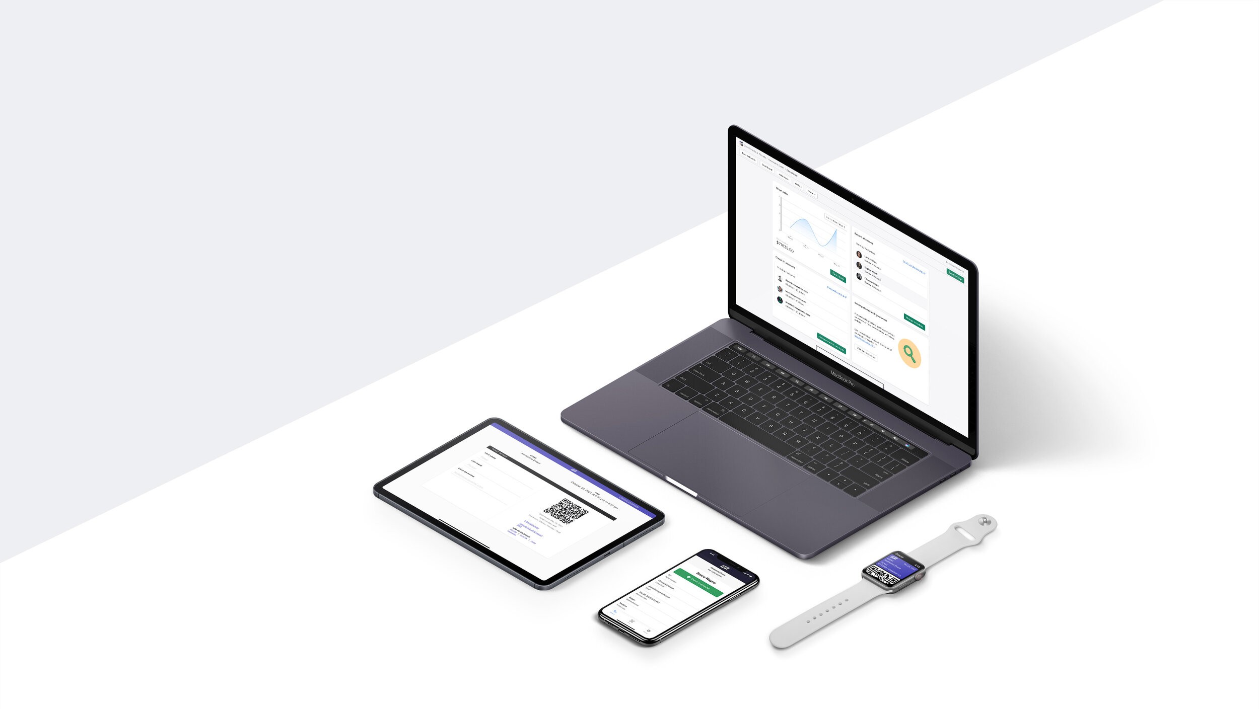 Evey Events shown across desktop, tablet, phone, and watch interfaces